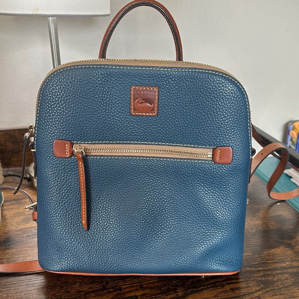 Dooney & Bourke Denim Pebbled Leather Mini Backpack with Brown Trim